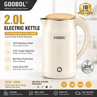 Bouilloire électrique sans fil en acier inoxydable à double paroi de haute qualité 2,0 L, toucher froid, ébullition rapide, arrêt automatique, protection contre l'ébullition à sec