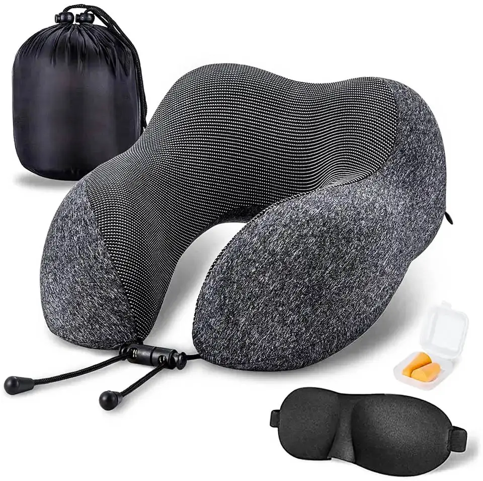 Kunden spezifisches Logo Faltbares Memory Foam Travel Neck Pillow Set mit Augen maske und Trage tasche mit Kordel zug