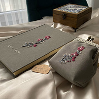 Carnet de notes personnalisé, sac fourre-tout brodé, coffret cadeau, portefeuille en lin fait main, livre à motif floral, porte-monnaie vintage