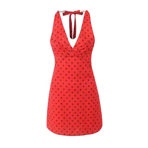 Red color polka dot print back hollow out casual fashion mini halter dress for women