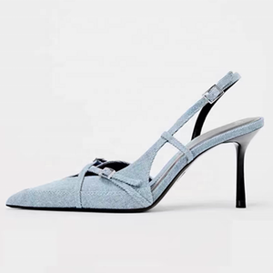 Sandales en jean à brides croisées pour femmes, talons moyens, chaussures à bride arrière, escarpins en cuir verni à bout pointu et fermé - Product Image 5