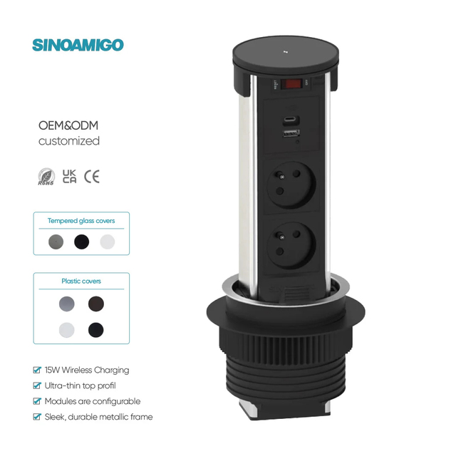 SINOAMIGO Intelligent EU Motorized Kitchen Electrical Pop Desktop Socket IP65 Waterproof LED Touch Switch 16A Tabletop Socket