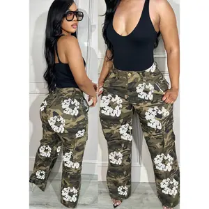 Hot Sale Casual Camouflage Printed Workwear Style Straight Pants Fashion Flower Printing Cargo Pants