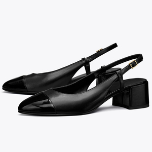Escarpins pour femmes à bout pointu et bout rond, à talon carré, en cuir verni, avec bride à boucle bicolore, vente en gros, OEM, personnalisés - Product Image 2