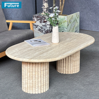 Luxe Wabi-sabl Style Grande Table Basse Moderne Ovale Beige Travertin Avec Socle Colonne pour Salon Villa Hôtel Décor