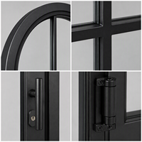 Puerta de Acero Arqueada Negra 2026 Directa de Fábrica con Vidrio Templado Transparente y Rejilla Francesa, Doble Luz Lateral, OEM CE