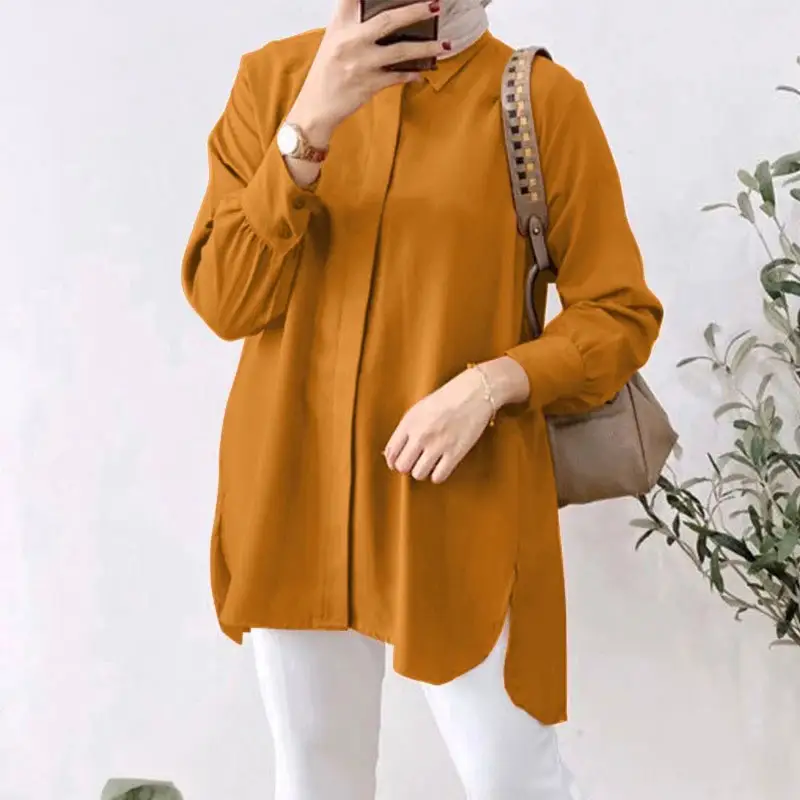 Autumn Elegant Islamic Clothing Woman Long Sleeve Lapel Neck Shirt Female High Low Slit Casual Fashion Muslim Blouse Top