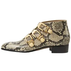 Round head snake short boots women thick heel spring and autumn low heel belt buckle match color women sexy single shoes