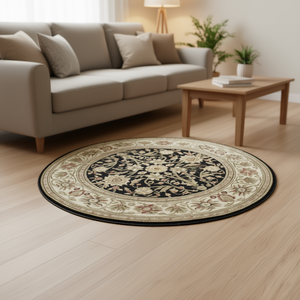 Tapis Oriental Traditionnel Noir et Ivoire, Touffeté Antidérapant Écologique, Poil Court, Ne Perd Pas Ses Poils, 100 % Polyester, Dos en Mousse pour Salon - Product Image 2