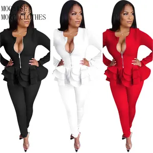 2022 Free sample New Designer Ladies Lotus Leaf Professional Office Suit Sexy 2 Piece Set Female Pant Suits