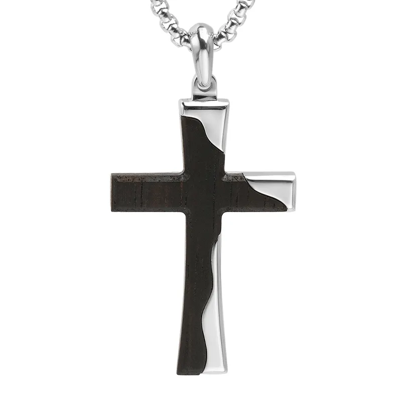 Tizti haute qualité noir ébène bois or acier inoxydable croix pendentif religieux catholique croix colliers pour hommes