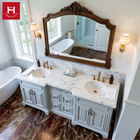 Meuble-lavabo double vasque en bois massif français HappyHouses, portes à panneaux surélevés, finition gris vieilli, support de meuble, plateau en marbre pour villa