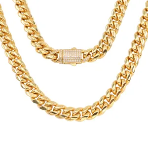 12mm CNC Link Trend Fashion Jewelry Necklace Diamond Cut Stainless Steel Chain with Safe Strong Lock Gold Plated 18k Necklace