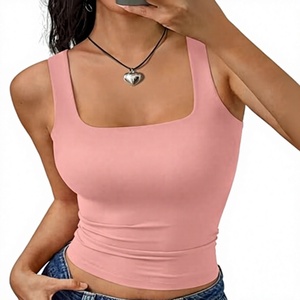 Débardeur court rose à col carré pour femme, sans manches, tricoté, décontracté, couleur unie, froncé à l'avant, pour le quotidien - Product Image 1