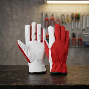 Gants de travail en cuir rouge et blanc avec paume antidérapante et poignet élastique, gants de sécurité polyvalents - Product Image 4