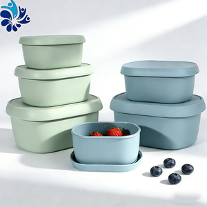 Silicone Oval <b>Lunch</b> Box <b>Set</b> 3-Piece Airtight Microwave Safe Portable For Office Workers Solid Color Rectangle Shape - Product Image 5