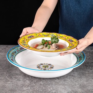 Plato redondo creativo de melamina estilo porcelana china A5 con borde ligeramente abullonado y tazón poco profundo para fideos. - Product Image 3