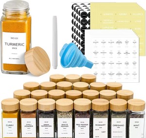 Canister Wood Lid Spice Jars Herb and Spice Containers Seasoning Bottles 4 oz square Glass Spice Jars with Wooden Bamboo Lid Set