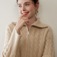 Nouveau cardigan d'hiver confortable en cachemire torsadé pour femme, col roulé, fermeture éclair, élégant