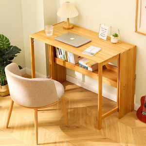 Foldable Computer <b>Desk</b> Bamboo Wood Minimalist Modern Style Bedroom <b>Study</b> <b>Desk</b> With Storage Shelf - Product Image 1