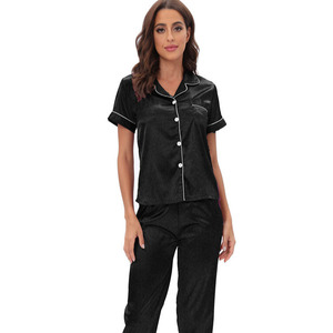 Ensemble de vêtements de nuit en satin soyeux uni, classique, doux et lisse, pour femmes, été et automne, haut à <span class=keywords><strong>manches</strong></span> <span class=keywords><strong>courtes</strong></span> et pantalon long - Product Image 4