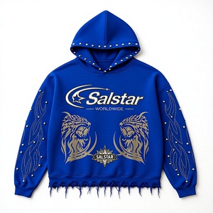 Sweat-shirt à capuche personnalisé bleu vieilli avec strass pour homme, style streetwear, logo personnalisé, impression graphique et manches ornées - Product Image 1
