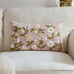 Housse de coussin rectangulaire moderne en coton doux rose, brodée de fleurs 3D, pour salon et literie - Product Image 2