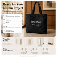 Sac fourre-tout en toile de coton noir moyen avec broderie de lettres et longue anse, personnalisable avec votre logo, idéal pour les voyages, vente en gros directe usine OEM
