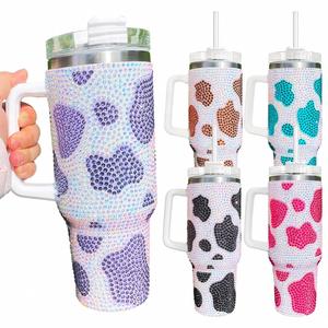 Custom LogoBulk Black Brown Purple Blue Rose Rhinestone Bling studded Mugs Tumblers Cow Print Tumbler with Handle and Straw - Product Image 3