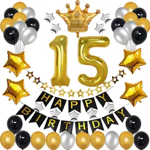 Décorations d'anniversaire en or noir pour les 15e et 51e fêtes d'anniversaire avec ballon numéro géant bannière joyeux anniversaire KK858