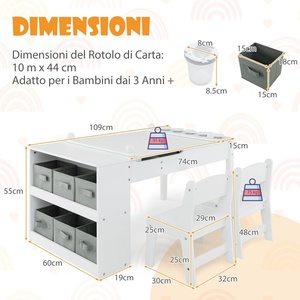 Tavolo Artistico per Bambini con 2 Sedie, Tavolo in Legno per Bambini con Piano Sollevabile e 2 Spazi Interni, 6 Cassetti in Tessuto e 4 Portabicchieri - Product Image 5