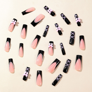 24 <span class=keywords><strong>Uñas</strong></span> Postizas Largas Cuadradas <span class=keywords><strong>con</strong></span> Líneas, Diseño 3D <span class=keywords><strong>de</strong></span> Lazo y Flor, Accesorios Brillantes <span class=keywords><strong>con</strong></span> Diamantes, <span class=keywords><strong>Uñas</strong></span> Postizas Estilo Francés Negro - Product Image 6