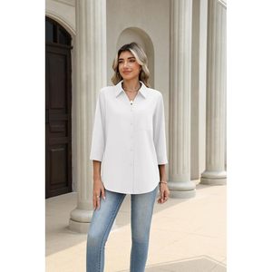 Camisa de Mujer con Botones, Manga 3/4, Cuello en V, con Bolsillo, Tela Popelina Ligera y Suave, Blusa Informal para el Trabajo - Product Image 5