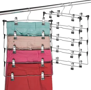 Space Saving 5 Tier Metal Skirt Hanger with Clips Hang 5-on-1Gain 70% More Space Rubber Coated Hanger Clips, 360 Swivel Hook