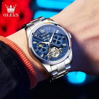 OLEVS 7028 Nouvelles montres automatiques évidées Calendrier des phases de la lune Montre pour homme Montre-bracelet mécanique lumineuse avec bracelet en acier squelette