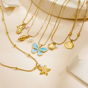 Ocean Series Gold Plated Stainless Steel Pendant Necklace Starfish Shell Butterfly Dolphin Animal Zodiac Gift Jewelry - Product Image 3