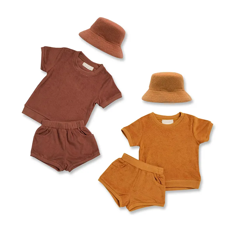 Set pakaian bayi kasual warna polos handuk celana pendek dan atasan kain Terry kualitas tinggi