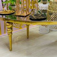 Table de réception ronde en acier inoxydable doré avec miroir en verre, forme en S, table de mariage, table de fête, table serpentine demi-lune