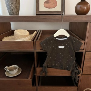 Baby Girls Summer T-shirt And Linen Pants Set Breathable Thin Chestnut Mochi Polka Dot Design With Label - Product Image 4