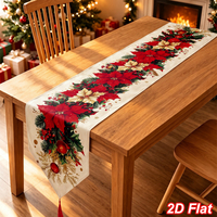 Chemin de table en lin rouge et or à fleurs avec pompons, 183*33cm, pour Noël, décoration de table de Noël
