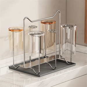 304 Stainless Steel Modern Single Tier Wall Mounted Cup Holder <b>Rack</b> with Drain and Inverted Buckle Design - Product Image 1