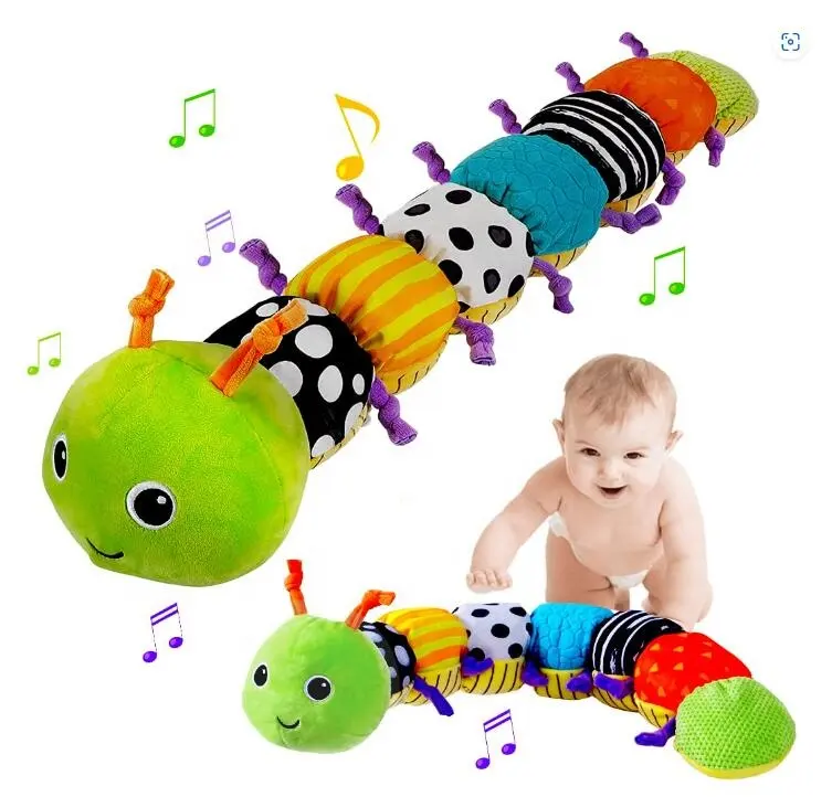 لعبة كاتربيلر الموسيقية للأطفال ، حيوانات محشوة حسية متعددة الألوان ، ألعاب لينة مجعد مع أجراس تصميم المسطرة والدلايات