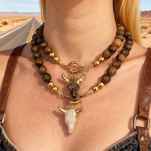 <span class=keywords><strong>Collier</strong></span> en gros, nouveau style vintage western cowboy, avec pendentif tête de taureau en résine, boucle circulaire en acier titane et perles en pierre naturelle - Product Image 1