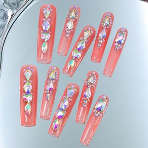 Faux ongles carrés en acrylique faits à la main, couvrance totale, forme cercueil, design rose avec strass, vente en gros - Product Image 2