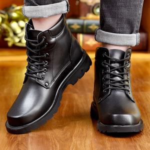 Botas de Nieve de Cuero para Hombre, Tacón Medio, Cordones Delanteros, Color Sólido, Botas de Invierno para Exteriores, Estilo Martin - Product Image 2