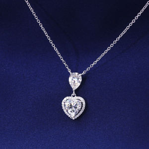 Tianyu Moissanite Halo Heart <b>Necklace</b> featuring a pear-shaped single stone 925 sterling silver plated with 18k platinum - Product Image 1
