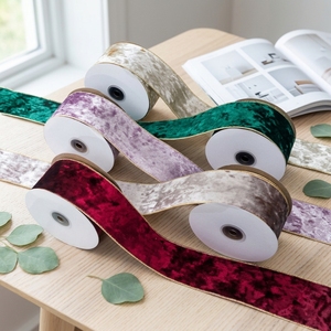 Pita Beludru Poliester Bunga Grosir dengan Kawat Besi Tepi Emas, Tahan Lama, Bahan Dekorasi Pita untuk Karangan Bunga Pohon Natal, <span class=keywords><strong>10</strong></span> Yard/gulung - Product Image 1