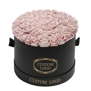Özel Logo lüks pembe gül ambalaj kağıdı silindir sert karton şapka ile yuvarlak boru hediye çiçek kutusu