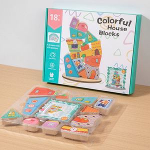 Jouet de développement de la motricité fine, blocs d'équilibre en bois en forme de maison mignonne, empilables et colorés - Product Image 3