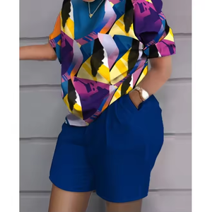 Conjuntos de Camiseta y Pantalones Cortos de Poliéster para <span class=keywords><strong>Mujer</strong></span>, Estampados a la Moda, Verano, Diseño Liso y a Cuadros, Teñido Uniforme, Ecológicos - Product Image 3